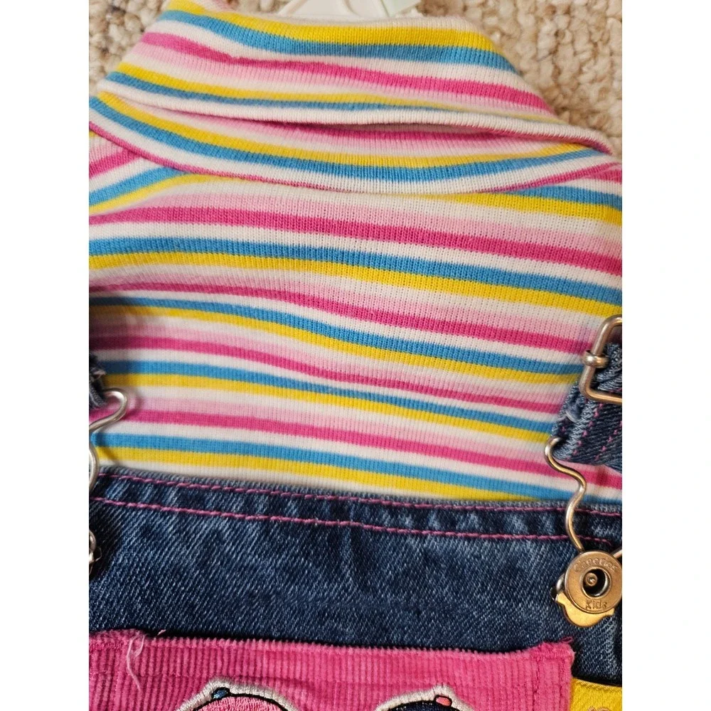 Vintage Cheerios Kids Denim Overalls Striped Turtleneck Set Pink Blue 90s Floral